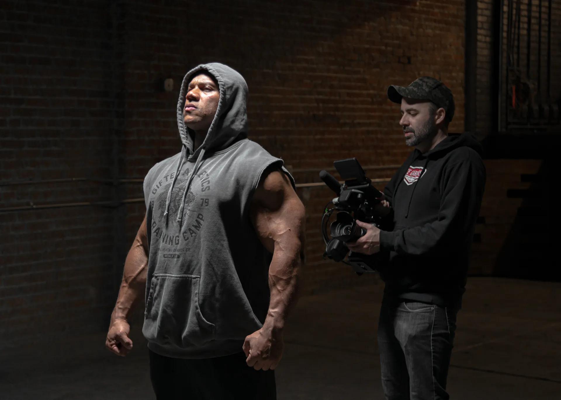 Director Brett Harvey filming Phil Heath for Breaking Olympia
